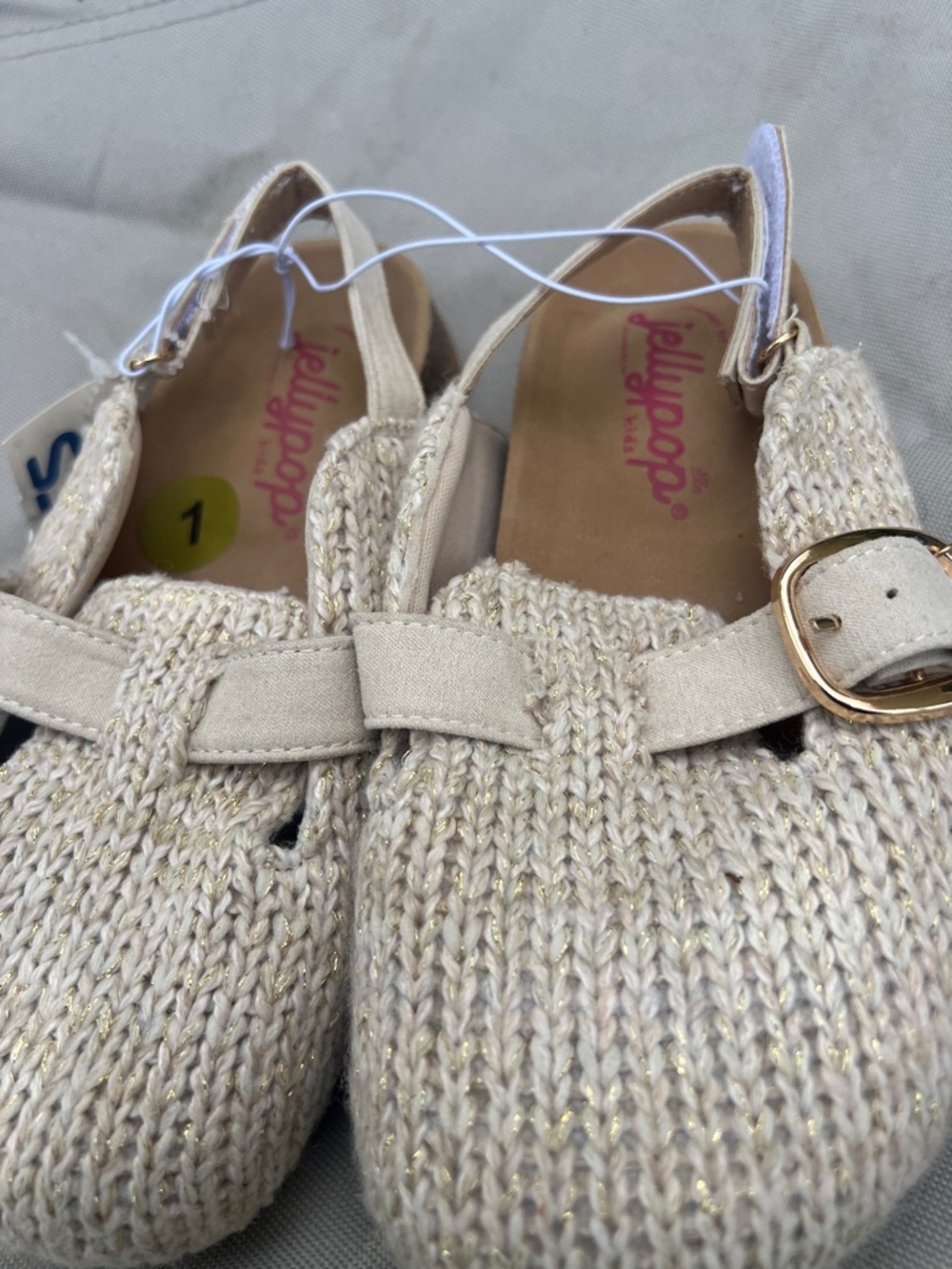Jellypop Cream Knit Mary Jane Flats with Gold Accent